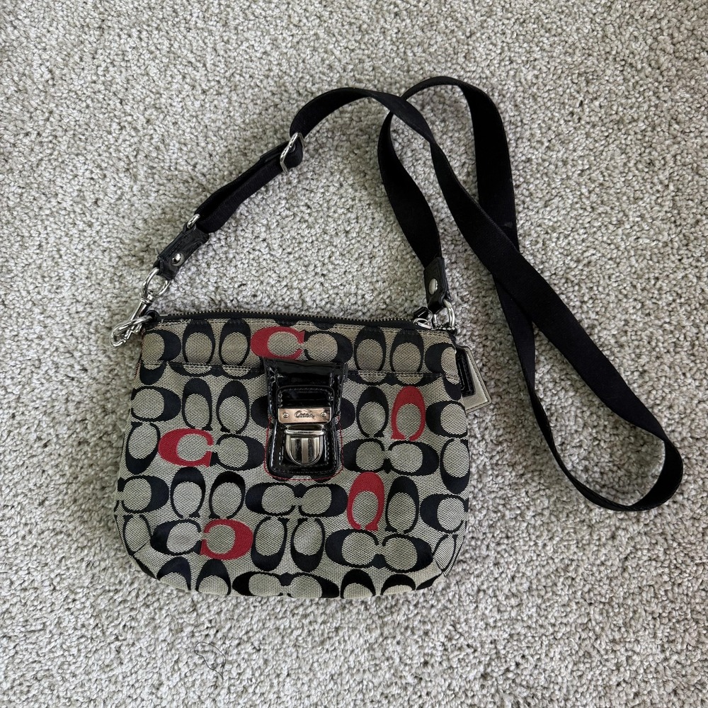 Y2K Coach Crossbody Bag Womens Small Beige Canvas Jacquard Zip Turnlock Wristlet